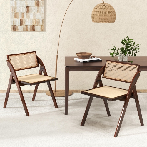 Costway Foldable Dining Chairs Set of 2 with Woven Rattan Backrest & Seat Rubber Wood Frame Brown