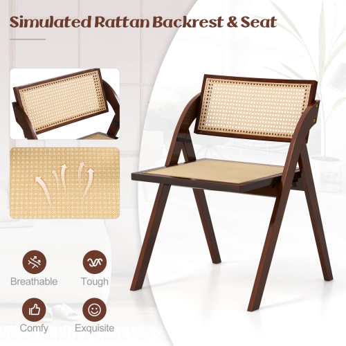 Costway Foldable Dining Chairs Set of 2 with Woven Rattan Backrest & Seat Rubber Wood Frame Brown