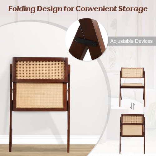 Costway Foldable Dining Chairs Set of 2 with Woven Rattan Backrest & Seat Rubber Wood Frame Brown