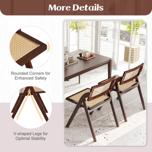 Costway Foldable Dining Chairs Set of 2 with Woven Rattan Backrest & Seat Rubber Wood Frame Brown