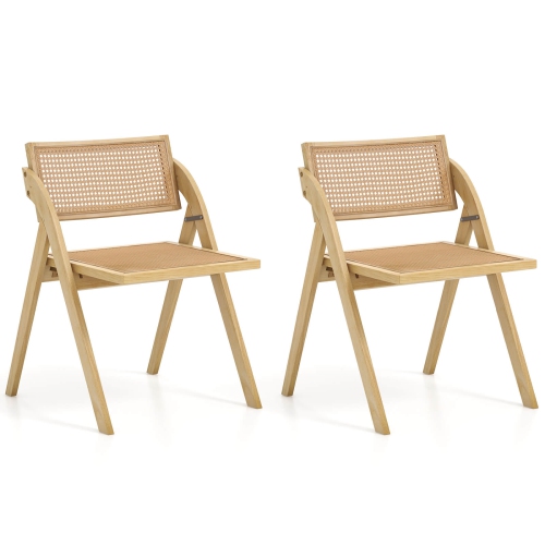 COSTWAY  Foldable Dining Chairs Set Of 2 With Woven Rattan Backrest & Seat Rubber Wood Frame Natural