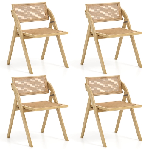 COSTWAY  Foldable Dining Chairs Set Of 4 With Woven Rattan Backrest & Seat Rubber Wood Frame Natural