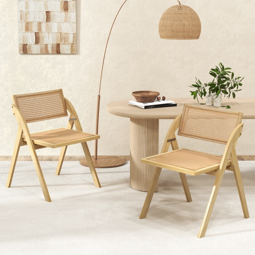 Costway Foldable Dining Chairs Set of 4 with Woven Rattan Backrest & Seat Rubber Wood Frame Natural