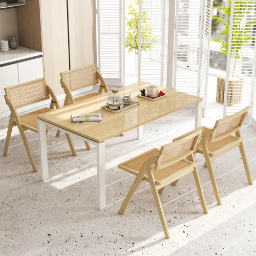 Costway Foldable Dining Chairs Set of 4 with Woven Rattan Backrest & Seat Rubber Wood Frame Natural