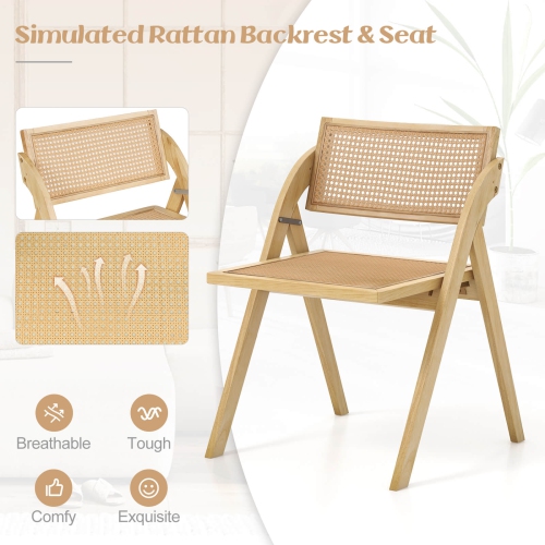 Costway Foldable Dining Chairs Set of 4 with Woven Rattan Backrest & Seat Rubber Wood Frame Natural