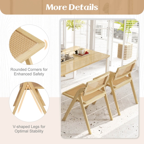 Costway Foldable Dining Chairs Set of 4 with Woven Rattan Backrest & Seat Rubber Wood Frame Natural
