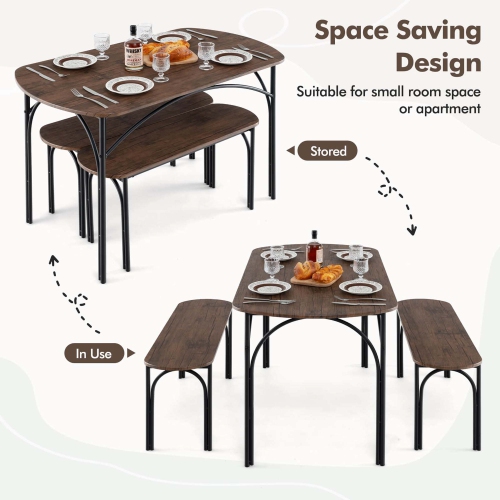 Costway 3 PCS 48" Dining Table Set for 4Rectangular Table & 2 Benches with Metal Frame