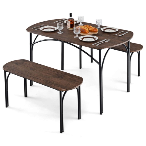 Costway 3 PCS 48" Dining Table Set for 4Rectangular Table & 2 Benches with Metal Frame