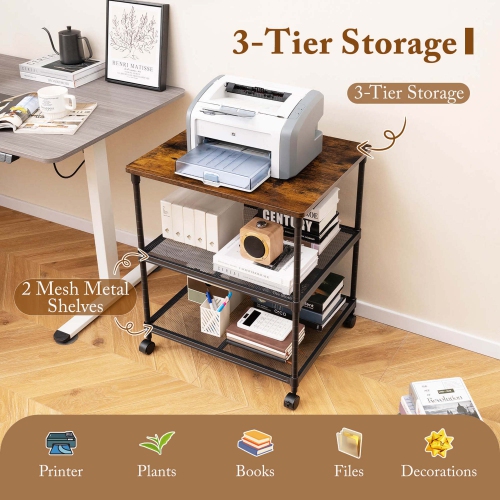 Costway 3-Tier Printer Stand Rolling Fax Cart with Adjustable Shelf & Swivel Wheel