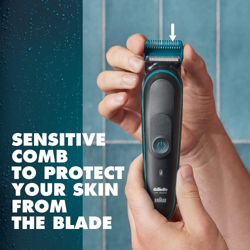 Gillette Intimate Men's Pubic Trimmer, 100% Waterproof for Wet & Dry Use with German-engineered Lifetime Sharp Blades, 100-minute Runtime from a
