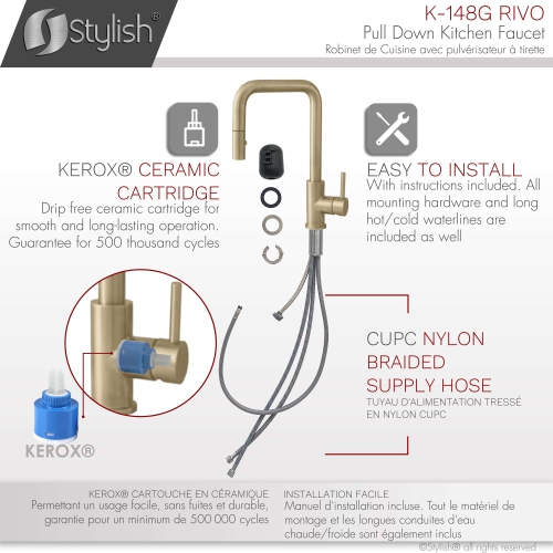 Stylish Single Handle Pull Down Kitchen Faucet with Water Tap in Gold K148GK147G