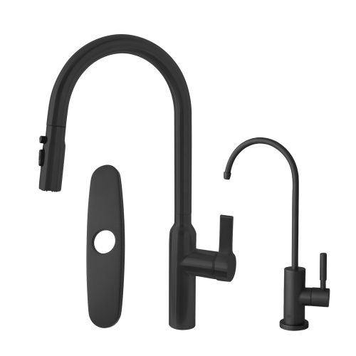 Stylish Single Handle Pull Down Kitchen Faucet with Water Tap and Faucet Plate in Matte Black K133NK142NA802N