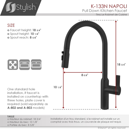 Stylish Single Handle Pull Down Kitchen Faucet with Water Tap and Faucet Plate in Matte Black K133NK142NA802N