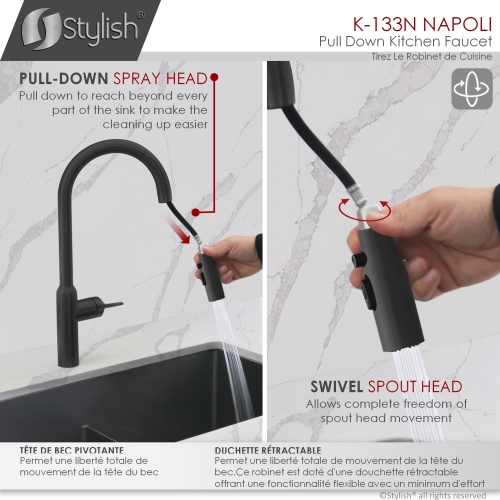 Stylish Single Handle Pull Down Kitchen Faucet with Water Tap and Faucet Plate in Matte Black K133NK142NA802N
