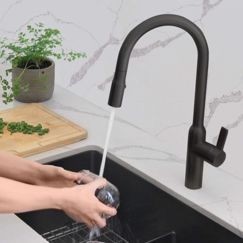 OPEN BOX A - Kitchen Sink Stainless Steel Faucet Single Handle Pull Down Dual Mode in Matte Black Finish K-133N