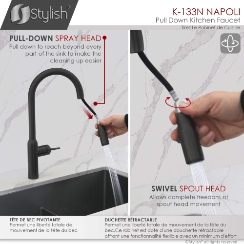 OPEN BOX A - Kitchen Sink Stainless Steel Faucet Single Handle Pull Down Dual Mode in Matte Black Finish K-133N