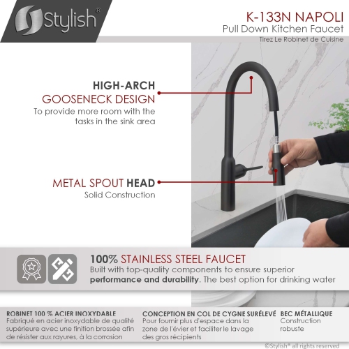 OPEN BOX A - Kitchen Sink Stainless Steel Faucet Single Handle Pull Down Dual Mode in Matte Black Finish K-133N