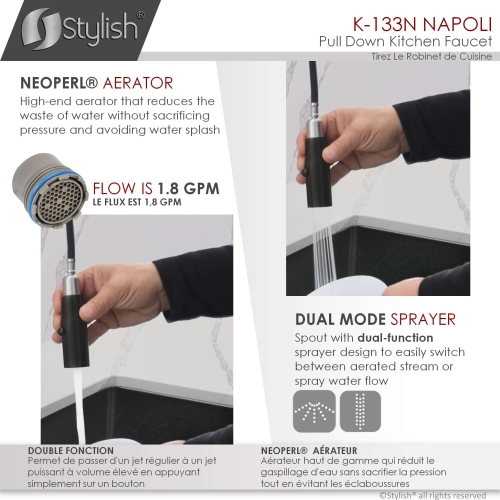 OPEN BOX A - Kitchen Sink Stainless Steel Faucet Single Handle Pull Down Dual Mode in Matte Black Finish K-133N