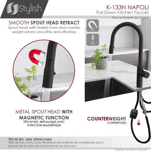 OPEN BOX A - Kitchen Sink Stainless Steel Faucet Single Handle Pull Down Dual Mode in Matte Black Finish K-133N