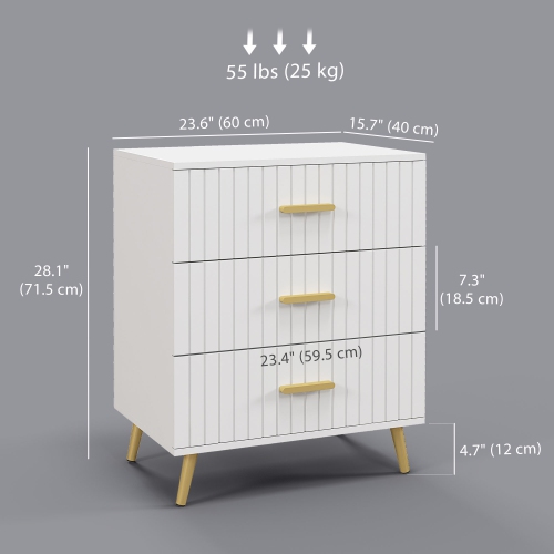 HOMCOM Dresser for Bedroom with 3 Drawers, Modern Chest of Drawers, Wood Storage Cabinet with Gold Aluminium Legs, White