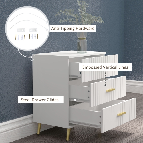 HOMCOM Dresser for Bedroom with 3 Drawers, Modern Chest of Drawers, Wood Storage Cabinet with Gold Aluminium Legs, White