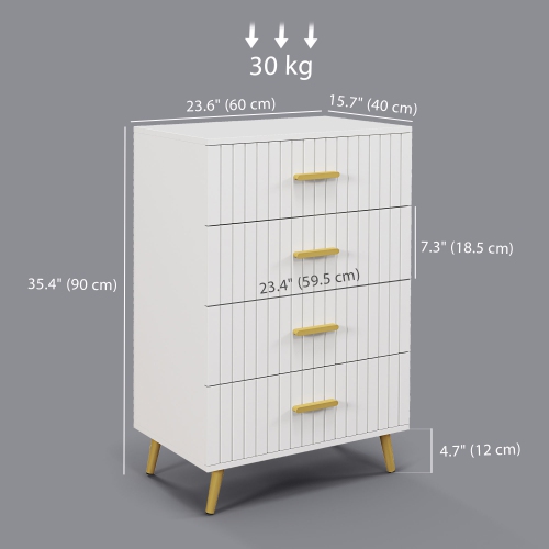 HOMCOM Dresser for Bedroom with 4 Drawers, Modern Chest of Drawers, Wood Storage Cabinet with Gold Aluminium Legs, White