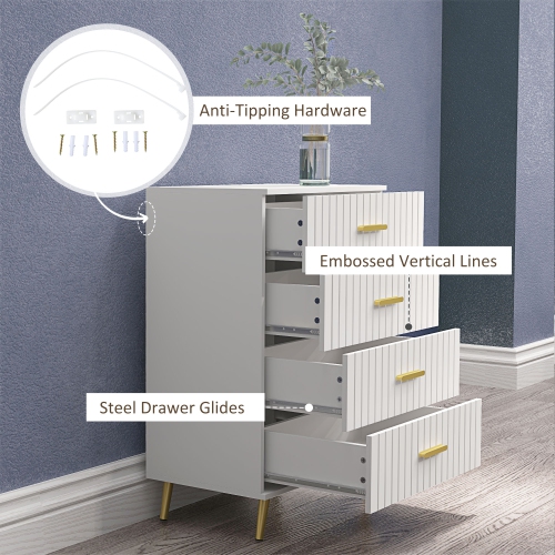 HOMCOM Dresser for Bedroom with 4 Drawers, Modern Chest of Drawers, Wood Storage Cabinet with Gold Aluminium Legs, White