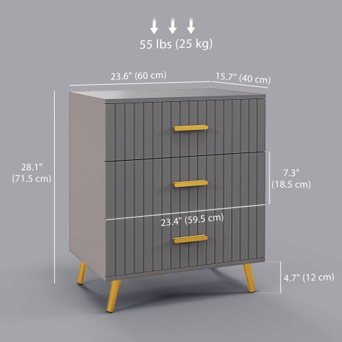 HOMCOM Dresser for Bedroom with 3 Drawers, Modern Chest of Drawers, Wood Storage Cabinet with Gold Aluminium Legs, Dark Grey