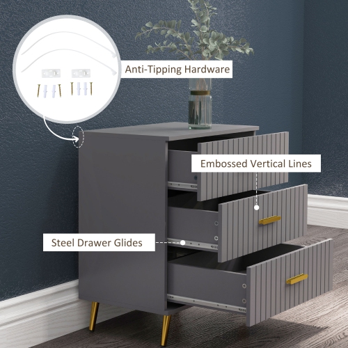 HOMCOM Dresser for Bedroom with 3 Drawers, Modern Chest of Drawers, Wood Storage Cabinet with Gold Aluminium Legs, Dark Grey