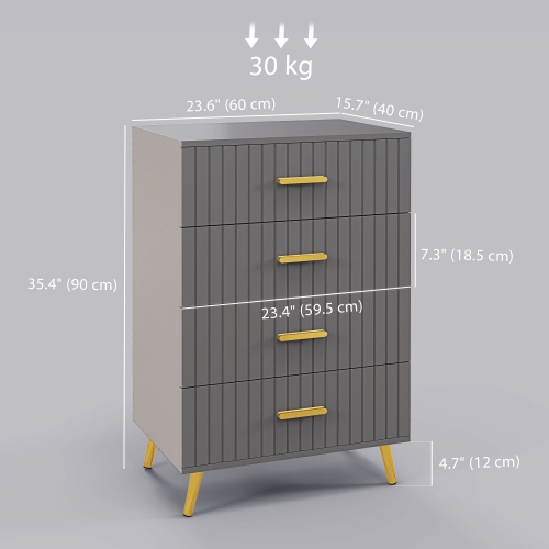 HOMCOM Dresser for Bedroom with 4 Drawers, Modern Chest of Drawers, Wood Storage Cabinet with Gold Aluminium Legs, Dark Grey