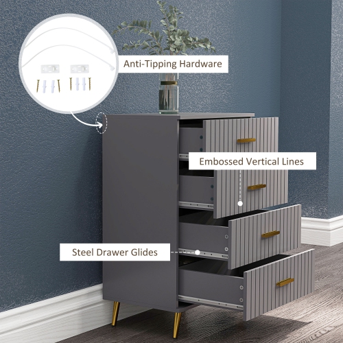 HOMCOM Dresser for Bedroom with 4 Drawers, Modern Chest of Drawers, Wood Storage Cabinet with Gold Aluminium Legs, Dark Grey