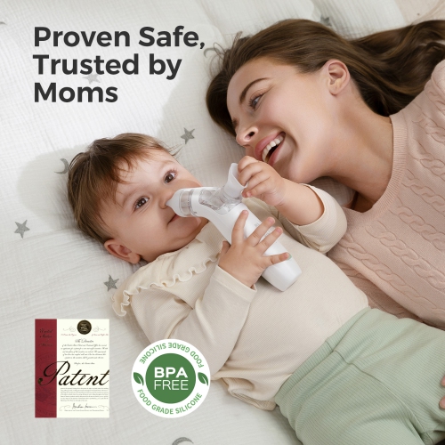 Momcozy upgrade Nasal Aspirator for Baby, 2-in-1 with Nasal Spray for Baby, 65kPa 4 Suction Levels, Portable with Light & Soothing Music