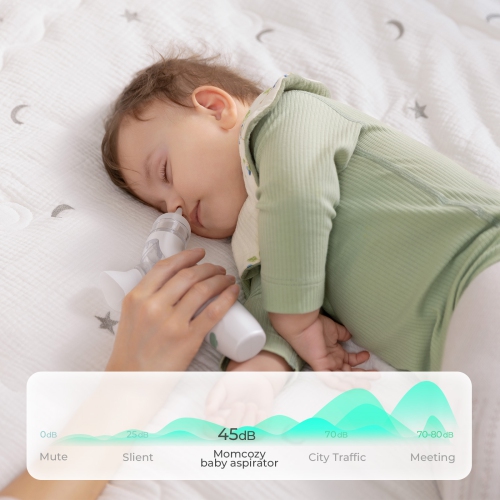 Momcozy upgrade Nasal Aspirator for Baby, 2-in-1 with Nasal Spray for Baby, 65kPa 4 Suction Levels, Portable with Light & Soothing Music