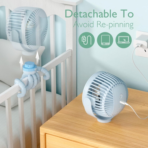 Momcozy Portable Stroller Fan, 8000mAh, 27H Ultra-long Battery Life, Detachable 4 Speed 360°Rotate, LED Night Light with 2 Modes, USB Rechargeable