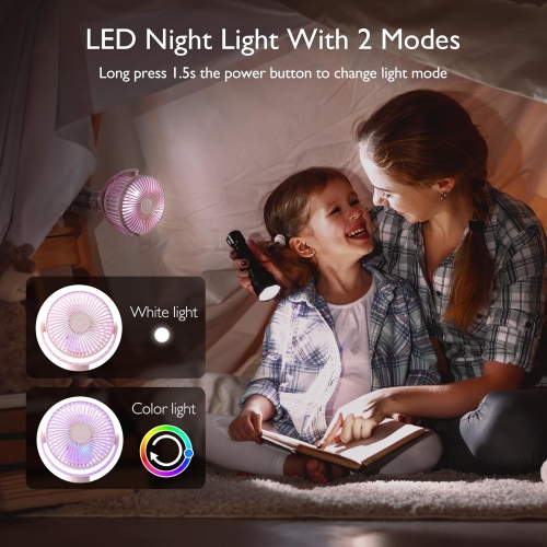 Momcozy Portable Stroller Fan, 8000mAh, 27H Ultra-long Battery Life, Detachable 4 Speed 360°Rotate, LED Night Light with 2 Modes, USB Rechargeable