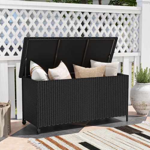 Costway 85 Gallon Rattan Deck Box with Waterproof Liner Universal Wheels & Gas Strut