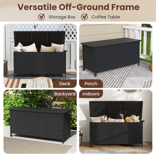 Costway 85 Gallon Rattan Deck Box with Waterproof Liner Universal Wheels & Gas Strut