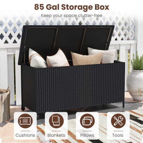 Costway 85 Gallon Rattan Deck Box with Waterproof Liner Universal Wheels & Gas Strut