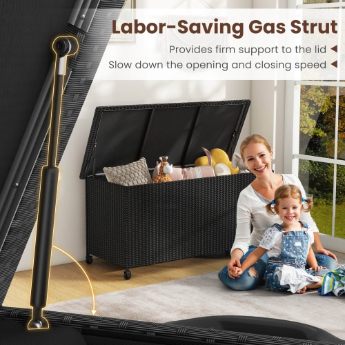 Costway 85 Gallon Rattan Deck Box with Waterproof Liner Universal Wheels & Gas Strut