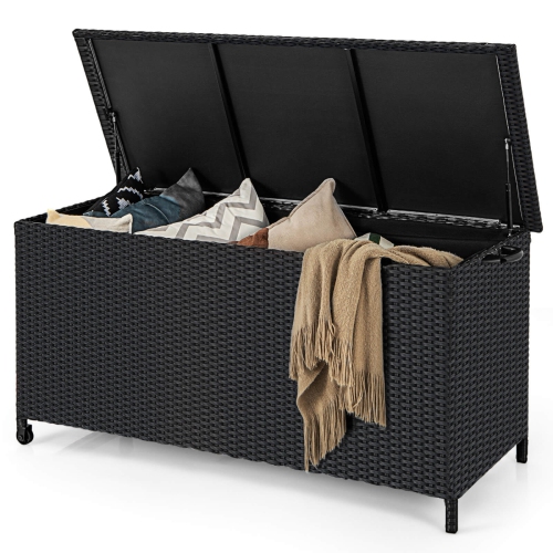 Costway 85 Gallon Rattan Deck Box with Waterproof Liner Universal Wheels & Gas Strut