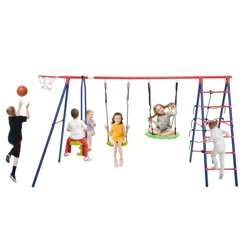 GYMAX  Swing Set for Backyard W/ 2 Height Adjustable Swings Glider Basketball Hoop