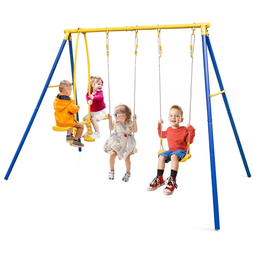 Gymax Metal Swing Set for Backyard w/ A-frame Stand & Adjustable Hanging Ropes