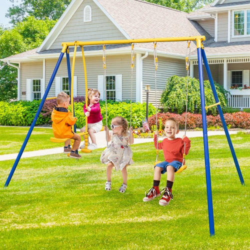Gymax Metal Swing Set for Backyard w/ A-frame Stand & Adjustable Hanging Ropes