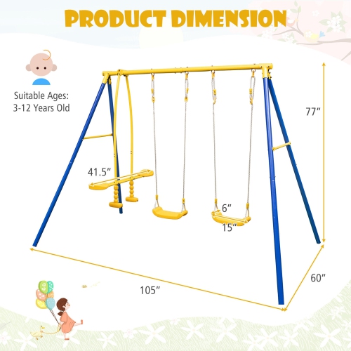Gymax Metal Swing Set for Backyard w/ A-frame Stand & Adjustable Hanging Ropes