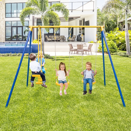 Gymax Metal Swing Set for Backyard w/ A-frame Stand & Adjustable Hanging Ropes