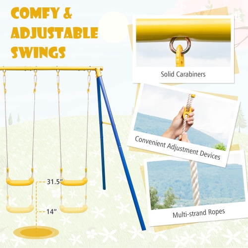 Gymax Metal Swing Set for Backyard w/ A-frame Stand & Adjustable Hanging Ropes