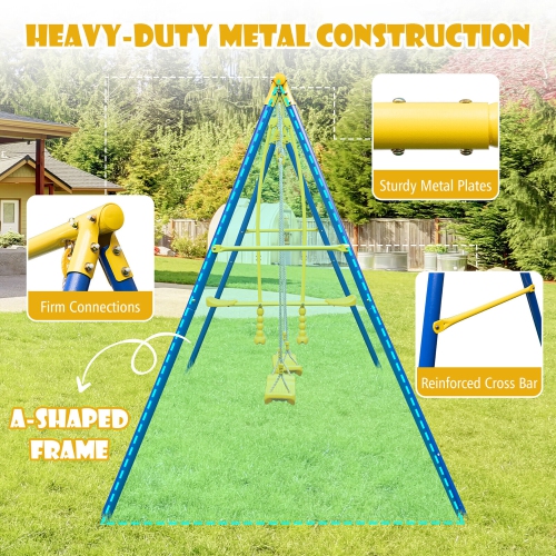 Gymax Metal Swing Set for Backyard w/ A-frame Stand & Adjustable Hanging Ropes