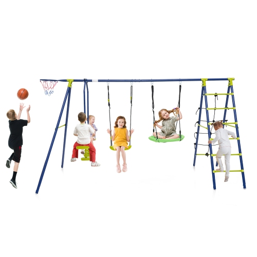 GYMAX  Swing Set for Backyard W/ 2 Height Adjustable Swings Glider Basketball Hoop