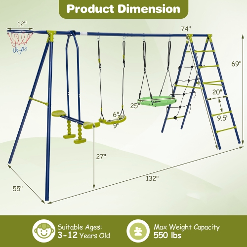 Gymax Swing Set for Backyard w/ 2 Height Adjustable Swings Glider Basketball Hoop