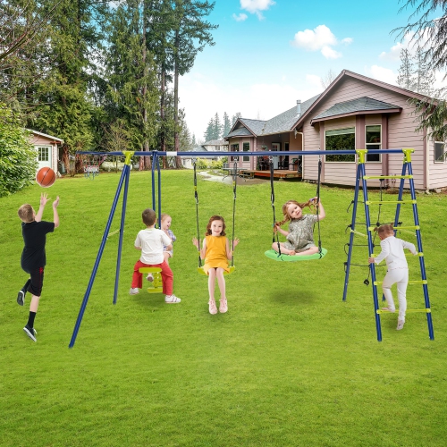 Gymax Swing Set for Backyard w/ 2 Height Adjustable Swings Glider Basketball Hoop